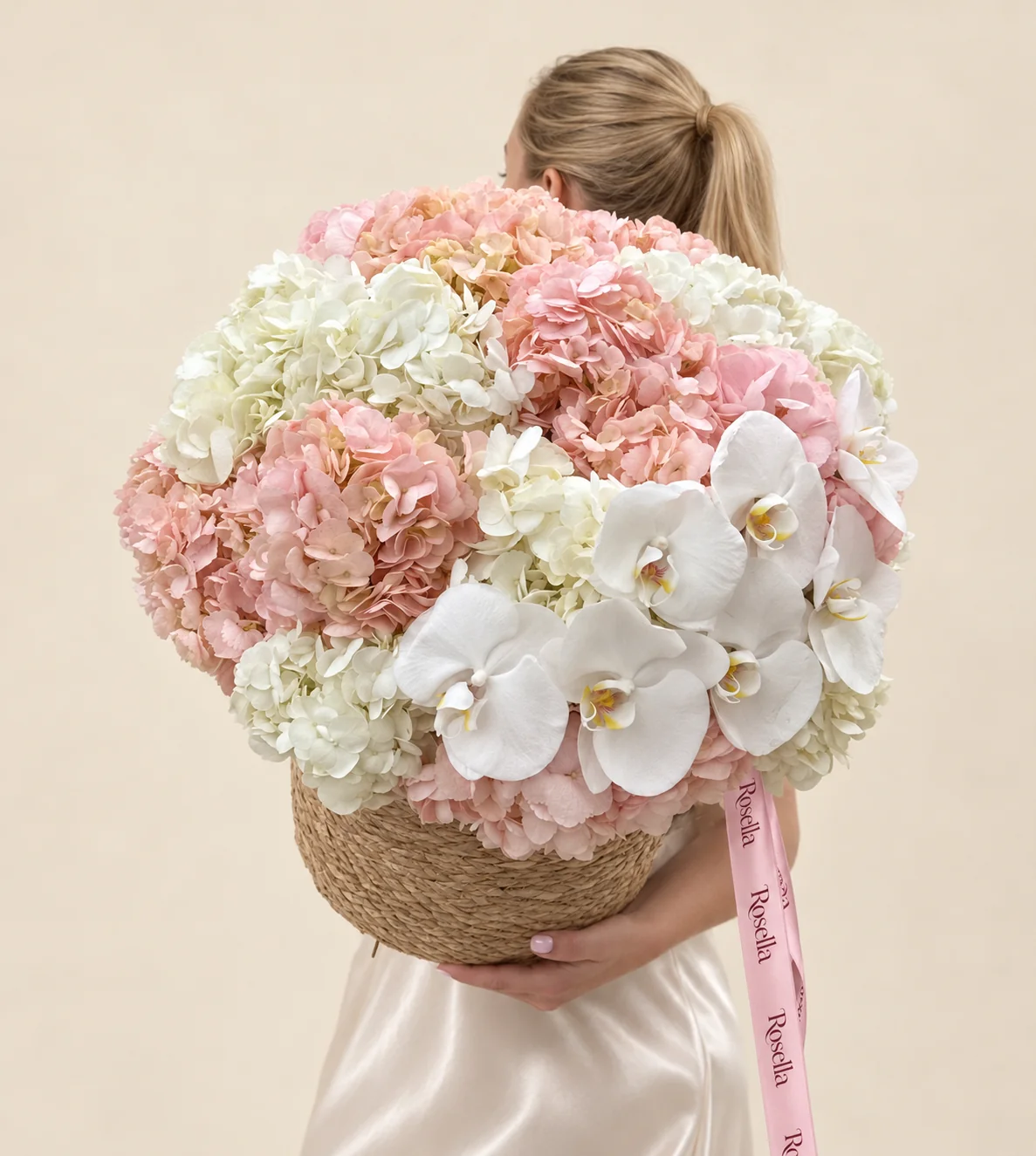 9 blush hydrangeas, 6 white hydrangeas & 7 orchid blooms in a basket