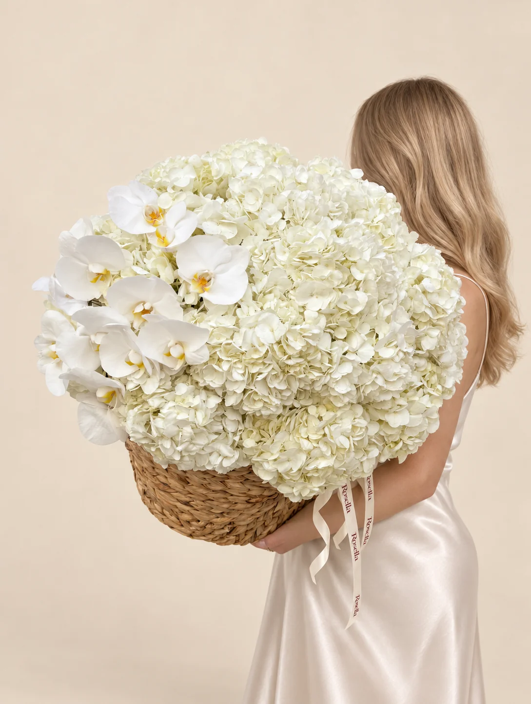 21 hydrangeas & 12 orchid blooms in a basket