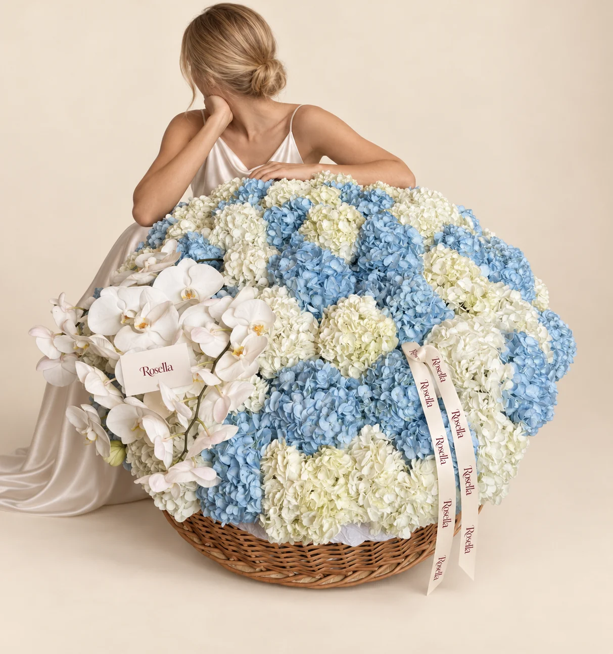 29 white hydrangeas, 26 blue hydrangeas & 26 orchid blooms in a basket