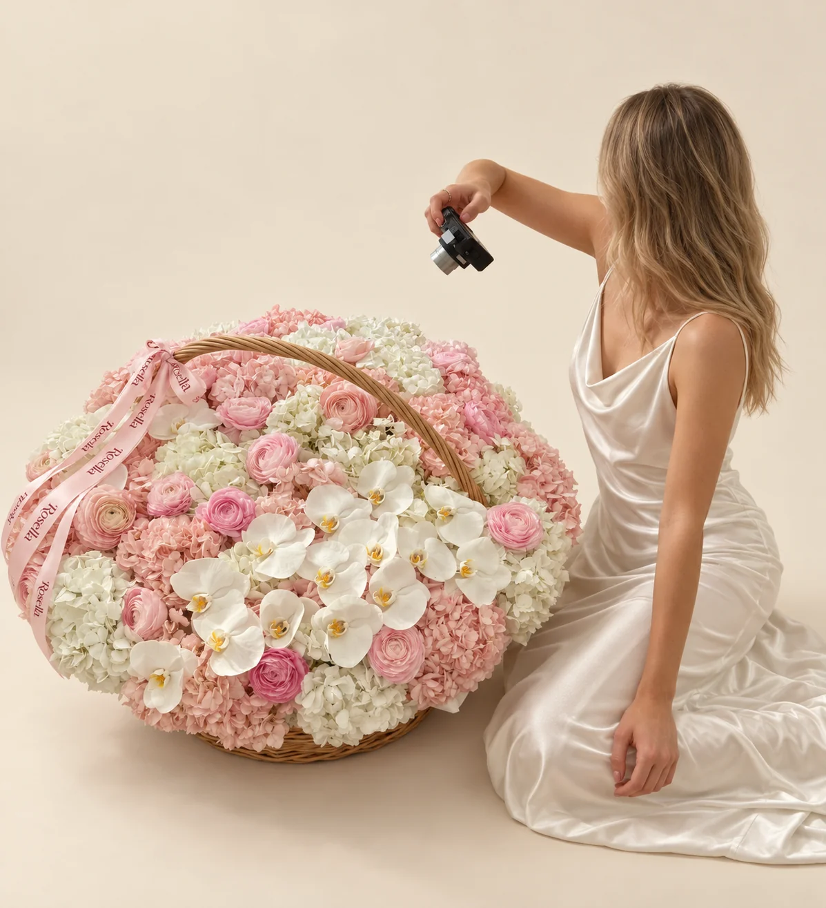 18 blush hydrangeas, 15 white hydrangeas, 18 orchid blooms, 15 pink ranunculus & 3 peach ranunculus in a basket