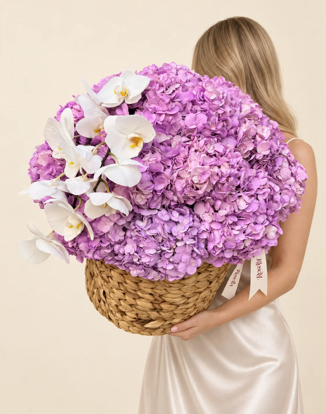 16 hydrangeas & 11 orchid blooms in a basket