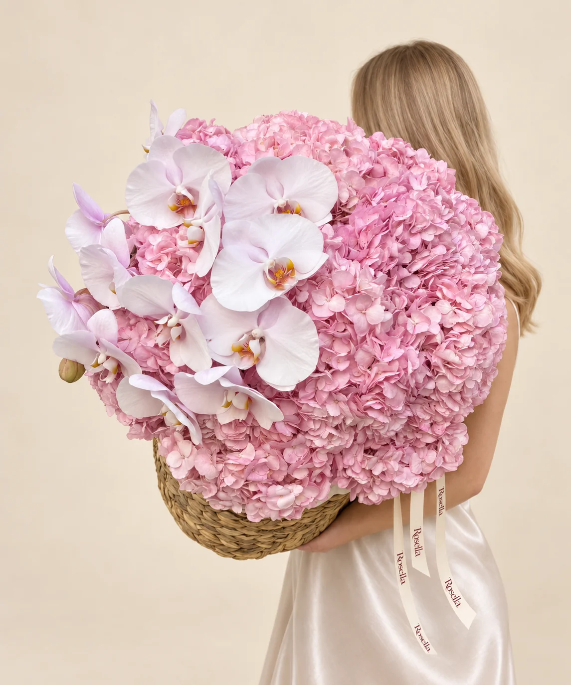 18 hydrangeas & 13 orchid blooms in a basket