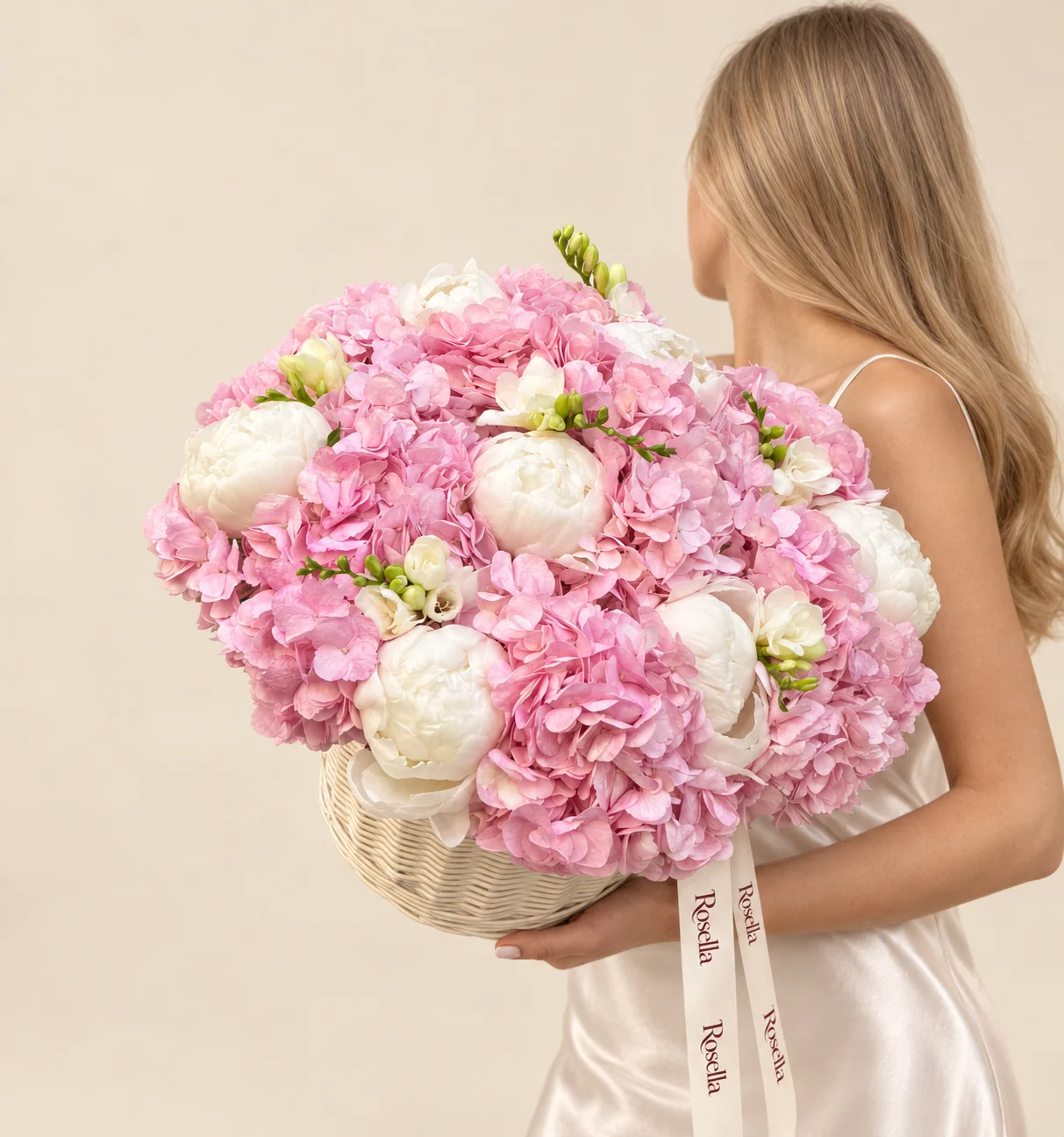 12 hydrangeas, 9 peonies & 4 freesias in a basket
