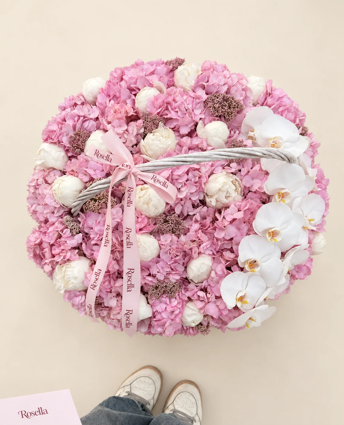 16 hydrangeas, 18 peonies & 11 orchid blooms in a basket