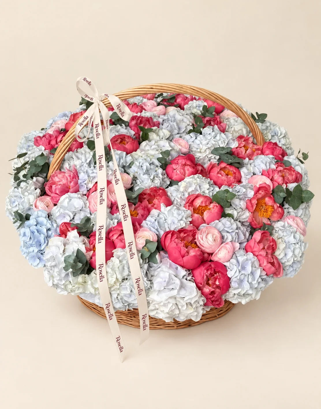 36 hydrangeas, 34 peonies & 16 ranunculus in a basket