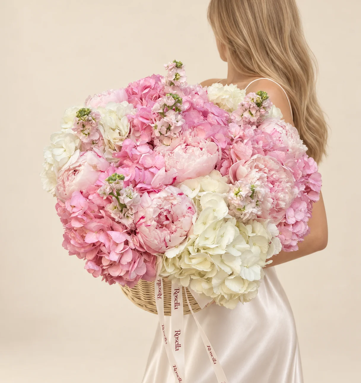 10 pink hydrangeas, 8 white hydrangeas, 9 peonies & 4 stocks in a basket