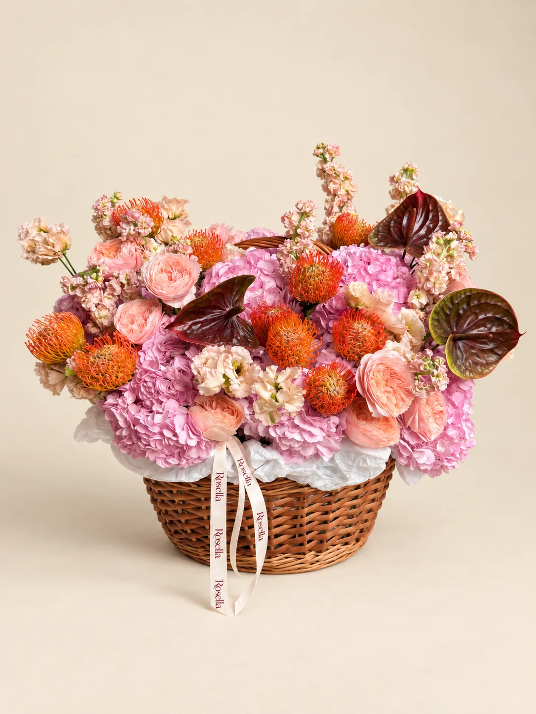 10 hydrangeas, 12 orange leucospermum (pincushion protea), 10 garden roses, 28 lisianthus blooms, 5 stocks & 3 anthuriums in a basket