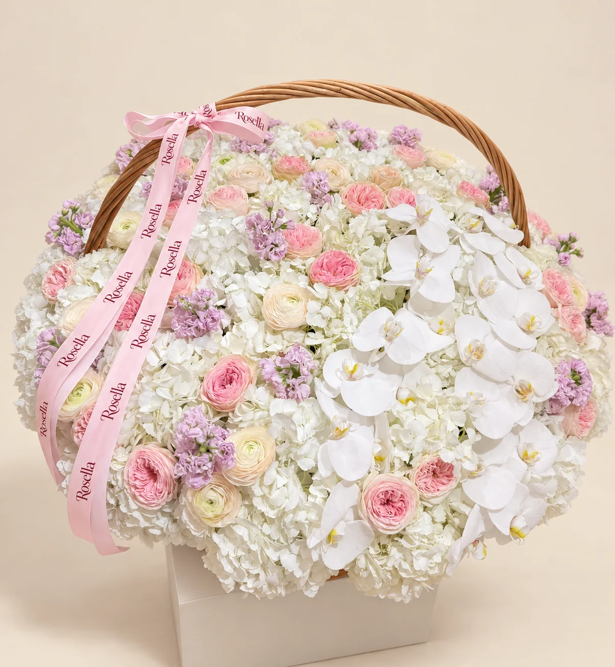 28 hydrangeas, 29 pink ranunculus, 13 stocks, 23 orchid blooms & 17 cream ranunculus in a basket