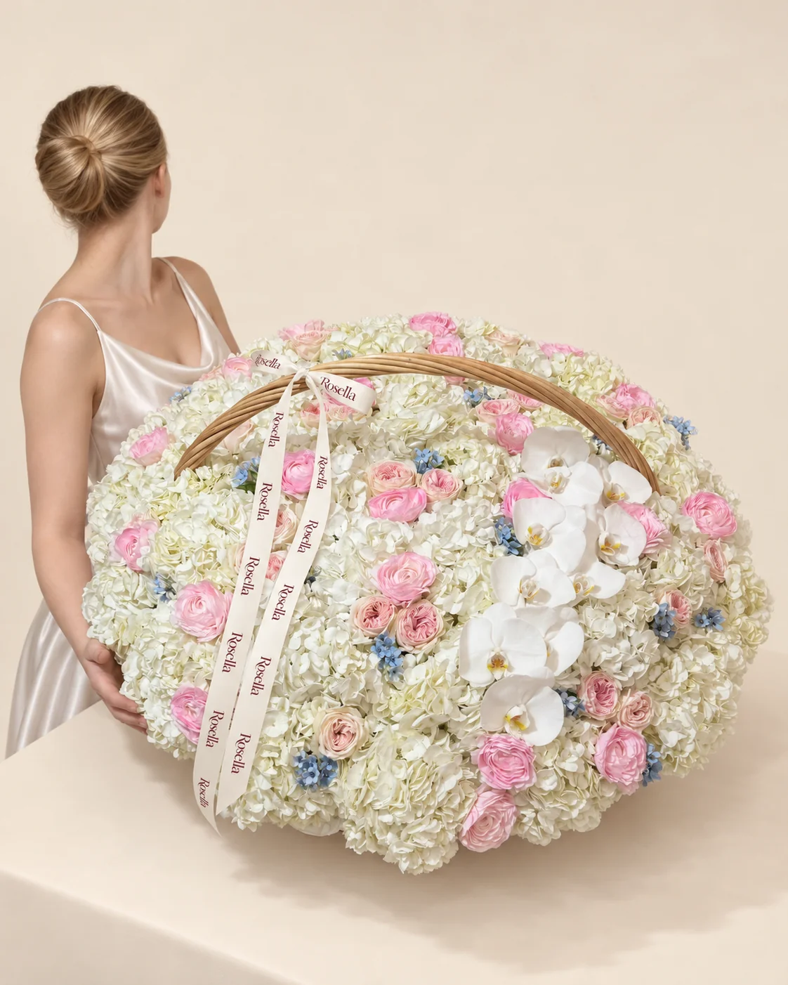 36 hydrangeas, 28 ranunculus, 24 spray roses, 80 tweedia blooms & 10 orchid blooms in a basket