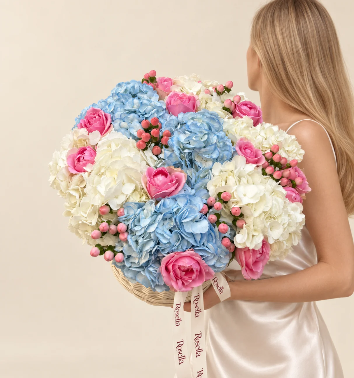 6 cream hydrangeas, 5 blue hydrangeas & 14 roses in a basket