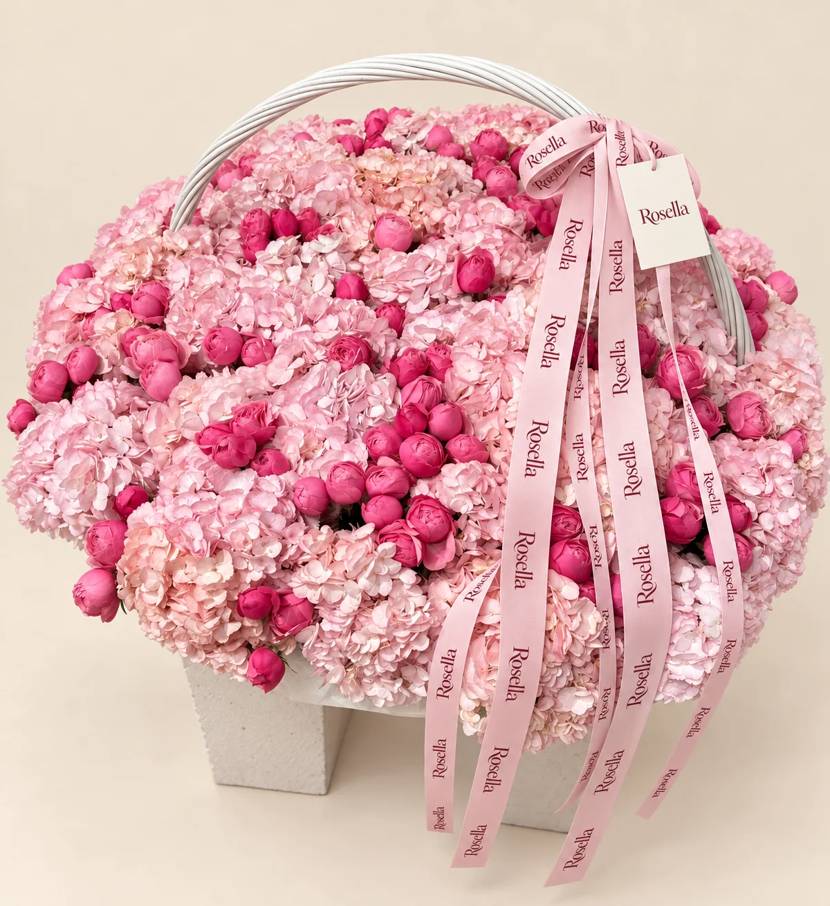 37 hydrangeas & 95 spray roses in a basket
