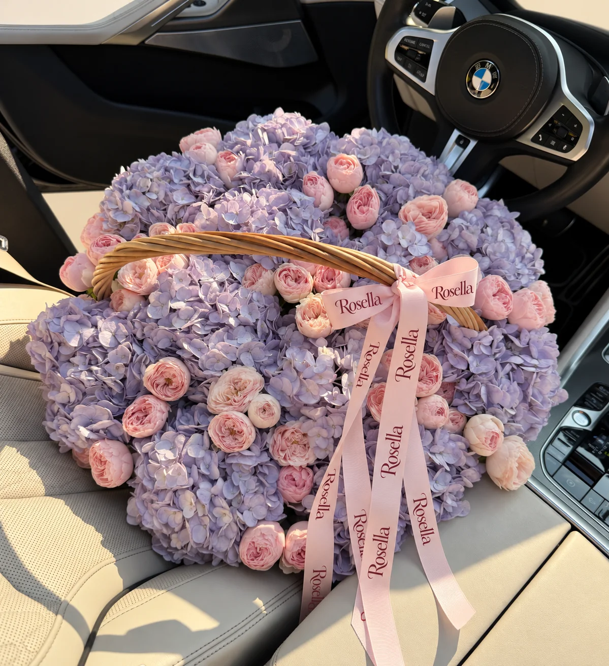 15 hydrangeas & 54 spray roses in a basket