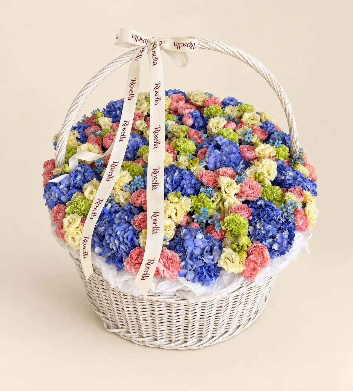 21 hydrangeas, 54 spray roses, 50 lisianthus blooms, 22 carnations & 80 tweedia blooms in a basket