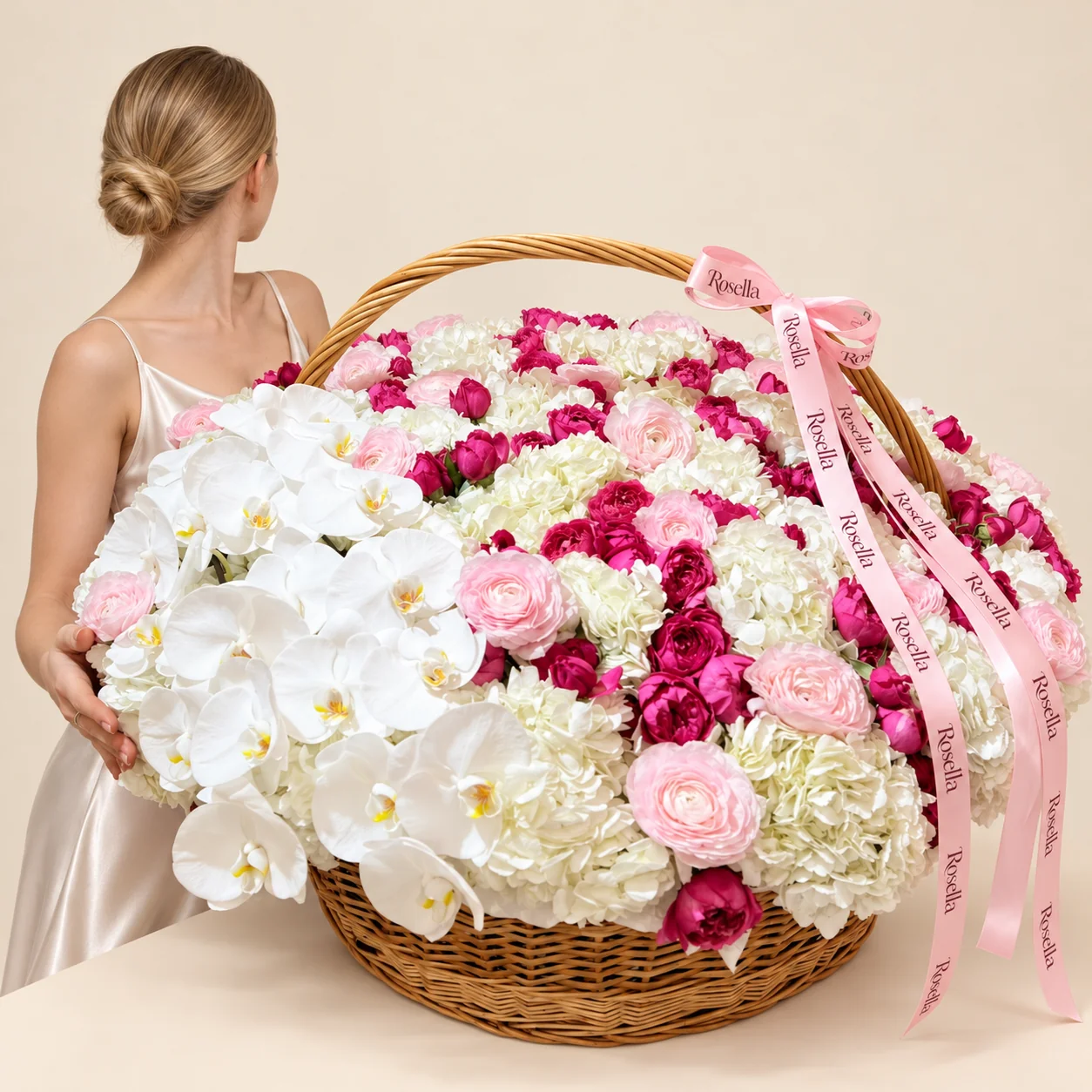 24 hydrangeas, 68 spray roses, 21 ranunculus & 20 orchid blooms in a basket