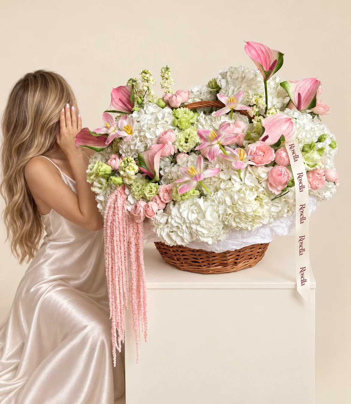 15 hydrangeas, 25 spray roses, 7 anthuriums, 4 stocks, 16 lisianthus blooms & 7 tulips in a basket