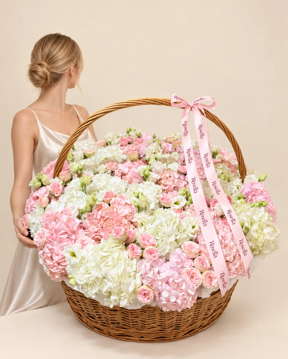 19 white hydrangeas, 18 pink hydrangeas, 54 spray roses & 30 lisianthus blooms in a basket