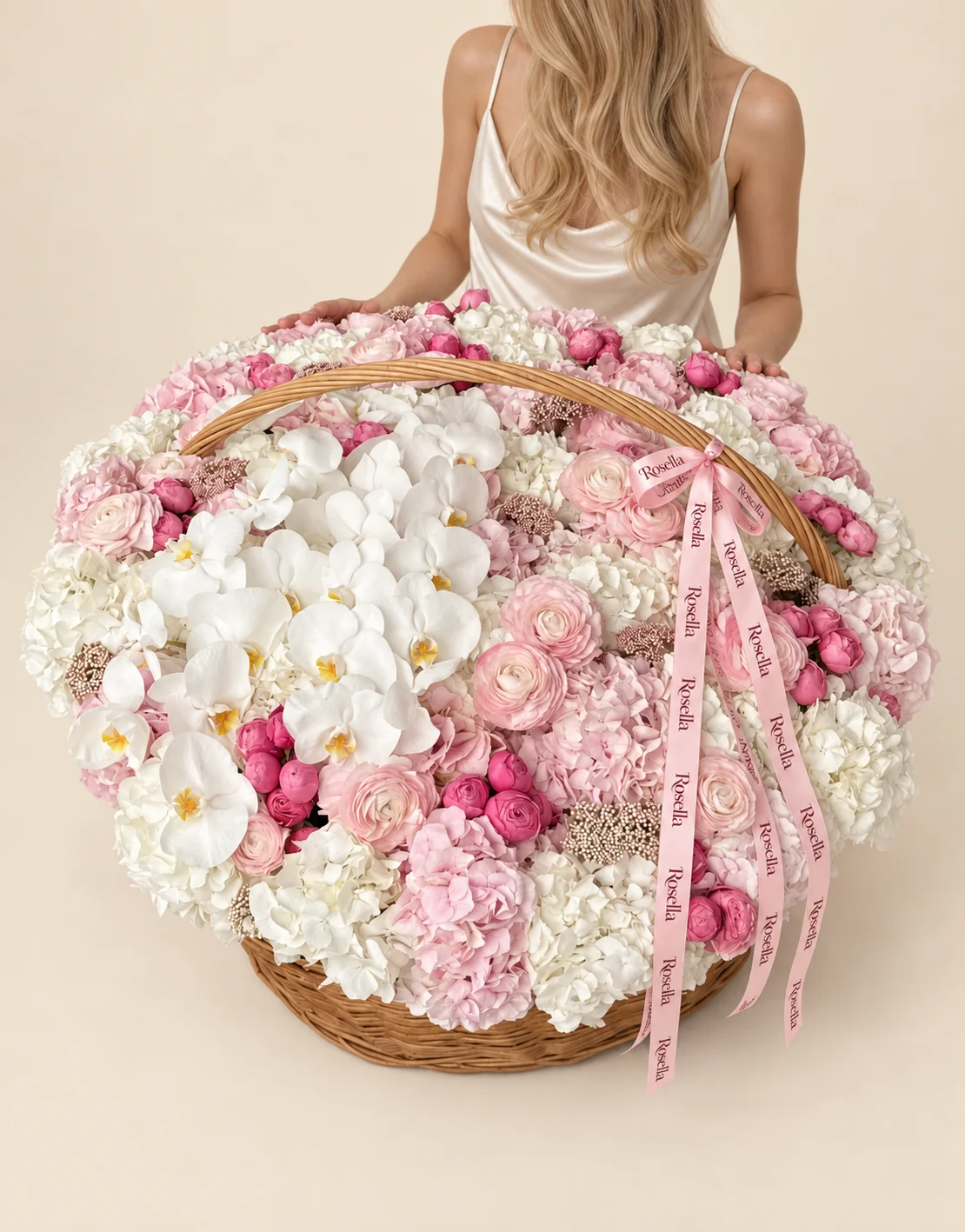 20 white hydrangeas, 18 pink hydrangeas, 45 spray roses, 22 orchid blooms & 16 ranunculus in a basket