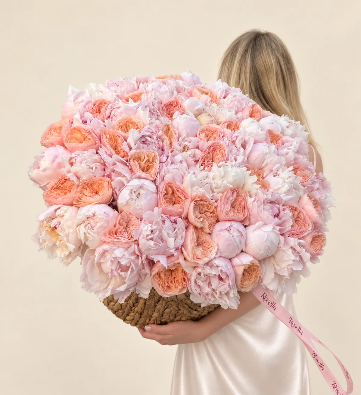 52 peonies & 37 garden roses in a basket