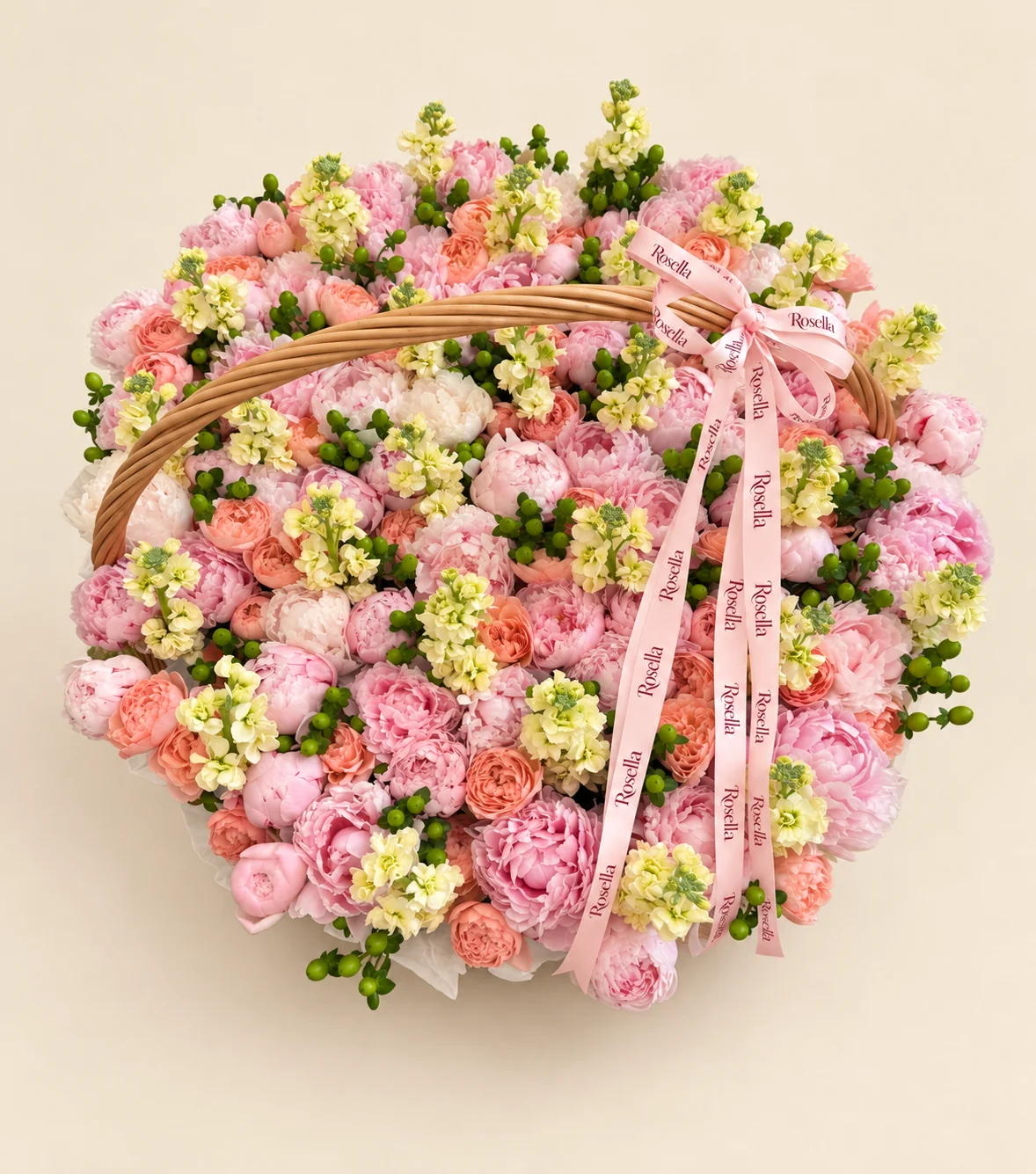 78 pink peonies, 45 garden roses, 16 stocks & 6 cream peonies in a basket