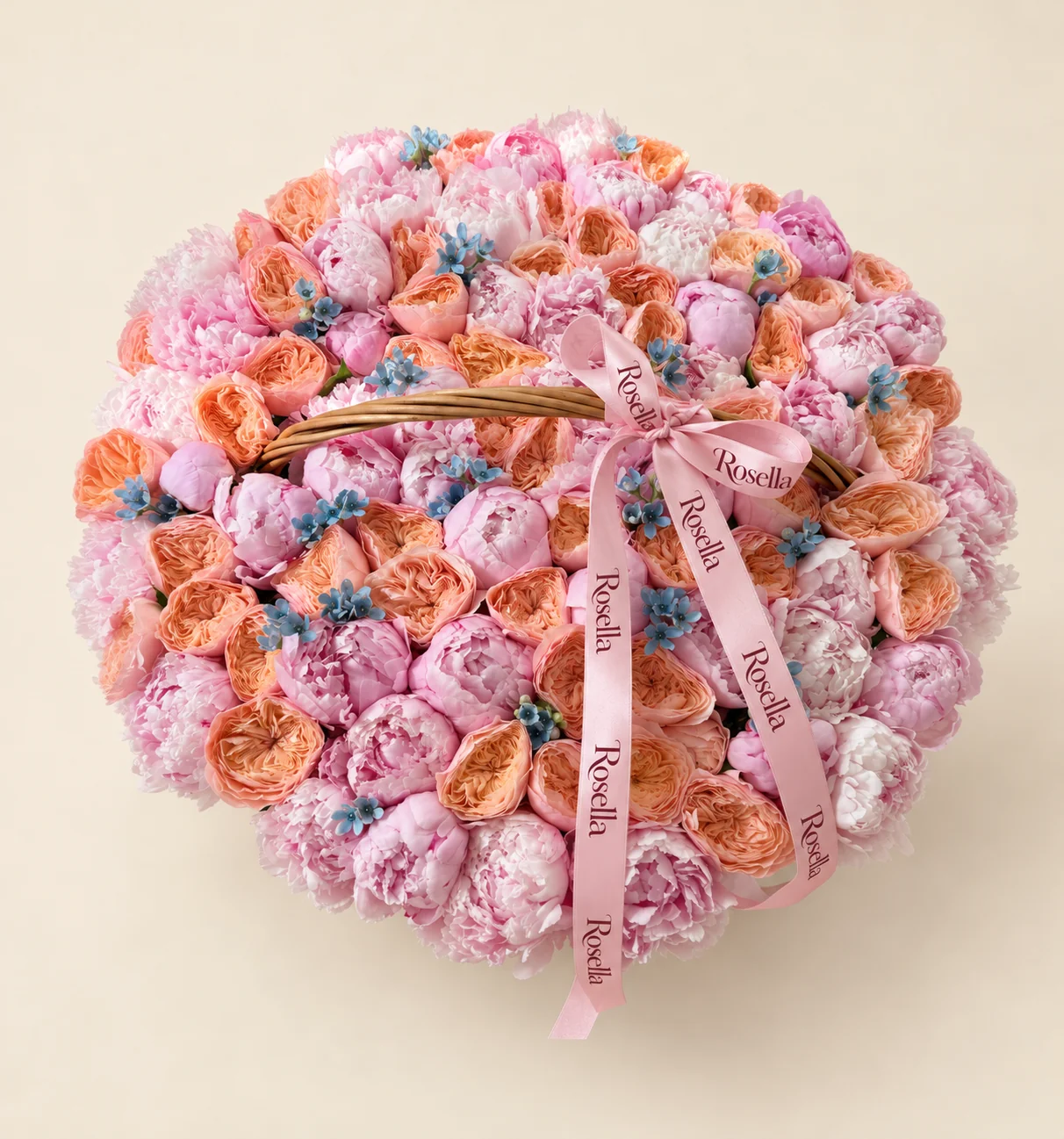 65 peonies, 62 garden roses & 55 tweedia blooms in a basket