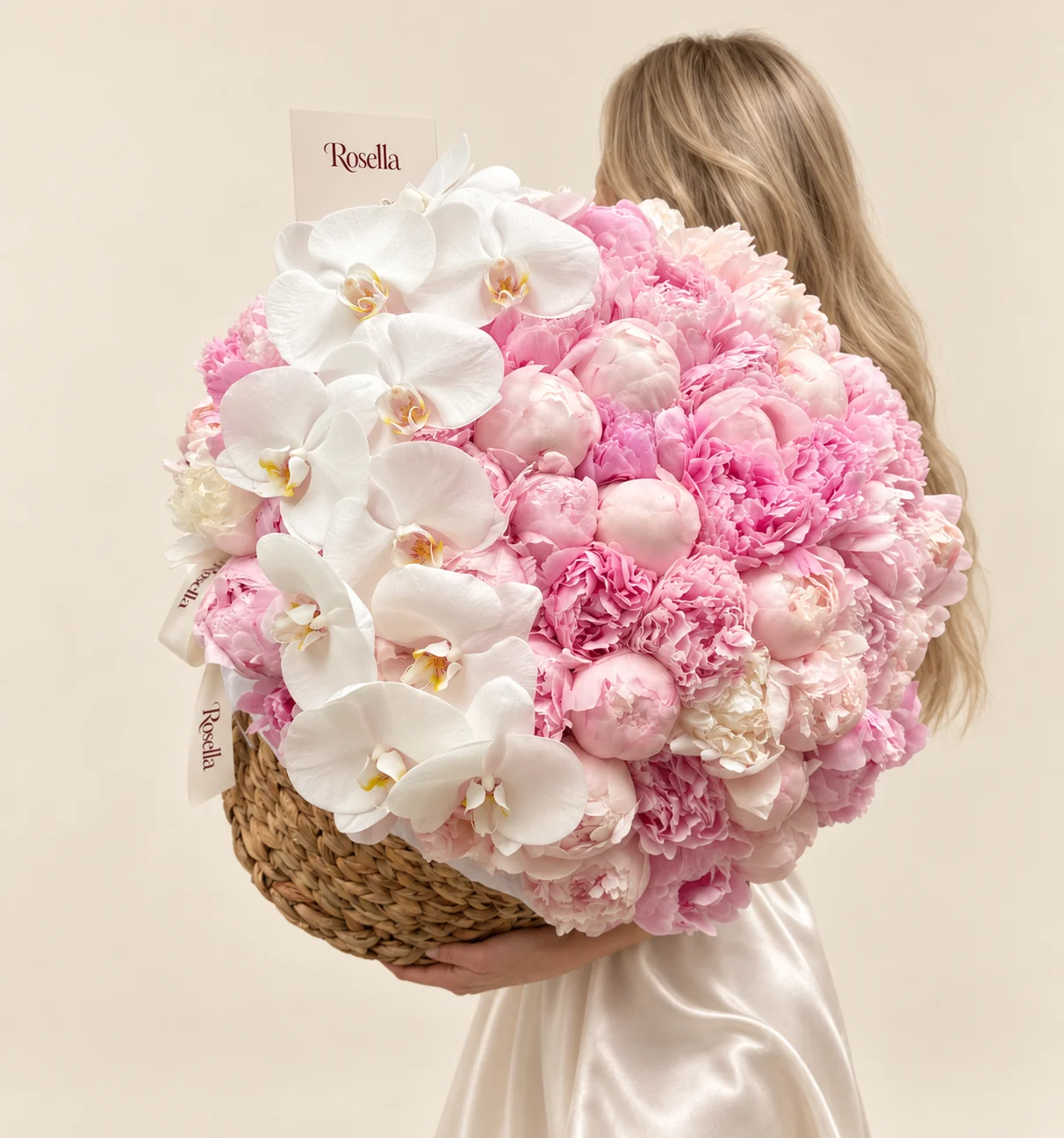 34 blush peonies, 22 pink peonies, 4 ivory peonies & 10 orchid blooms in a basket