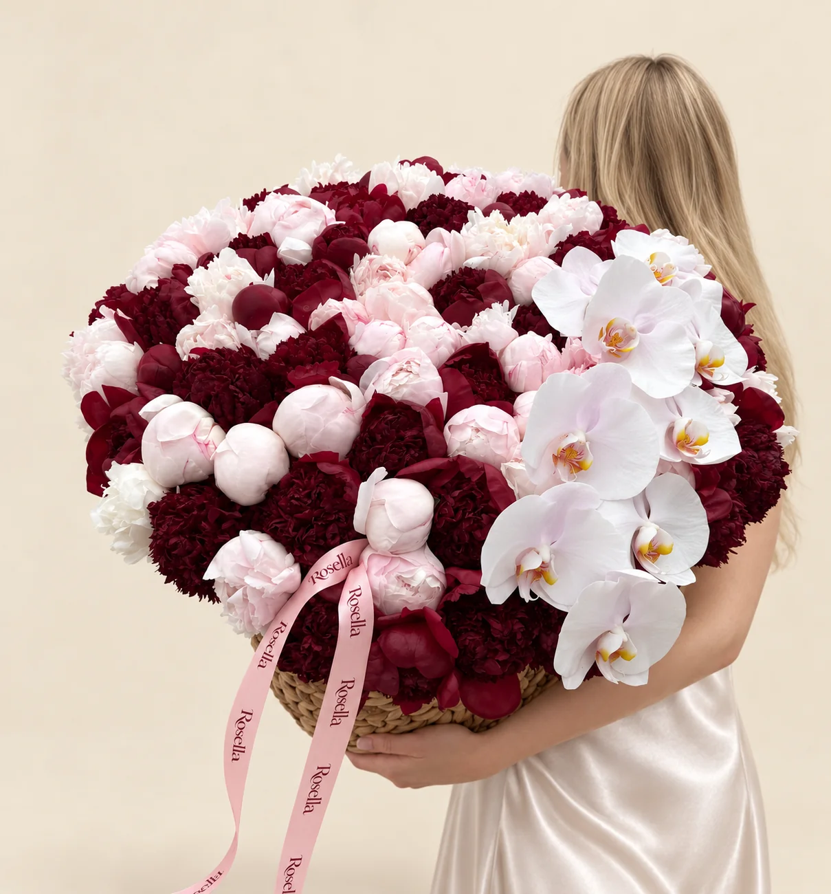39 burgundy peonies, 34 pink peonies, 12 white peonies & 8 orchid blooms in a basket