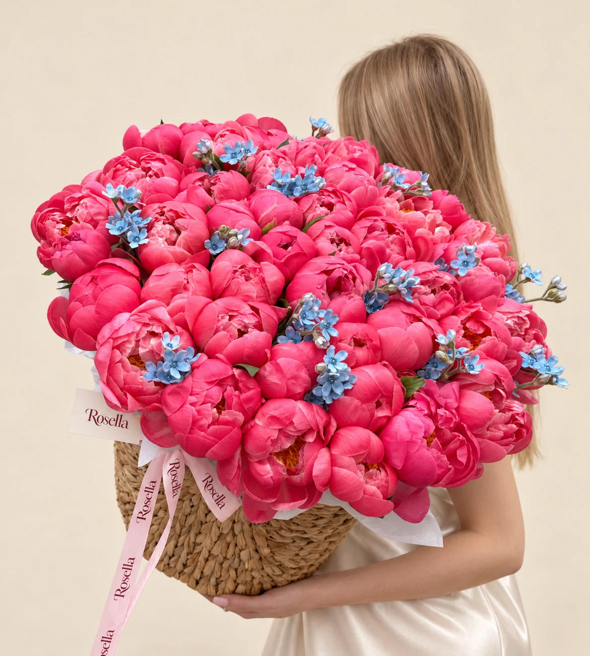 55 peonies & 80 tweedia blooms in a basket