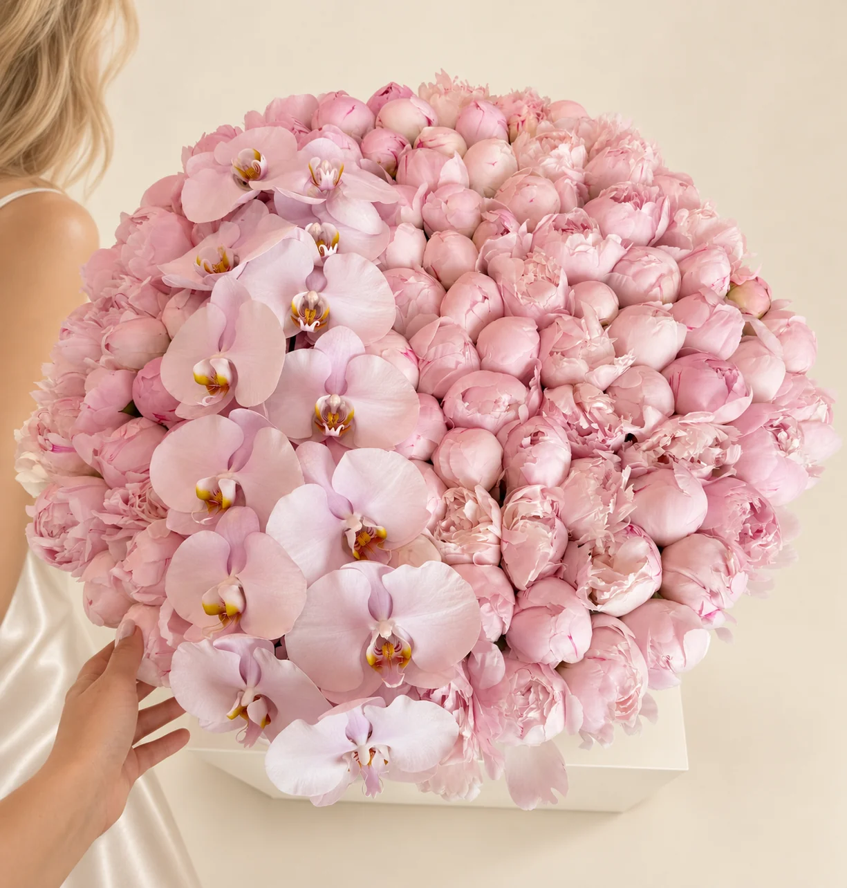110 peonies & 13 orchid blooms in a basket