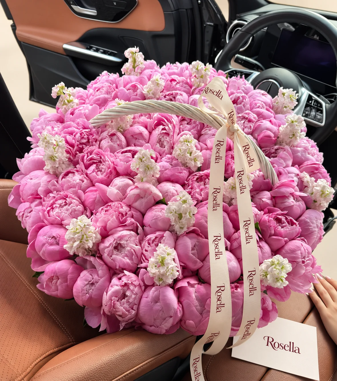 85 peonies & 10 stocks in a basket