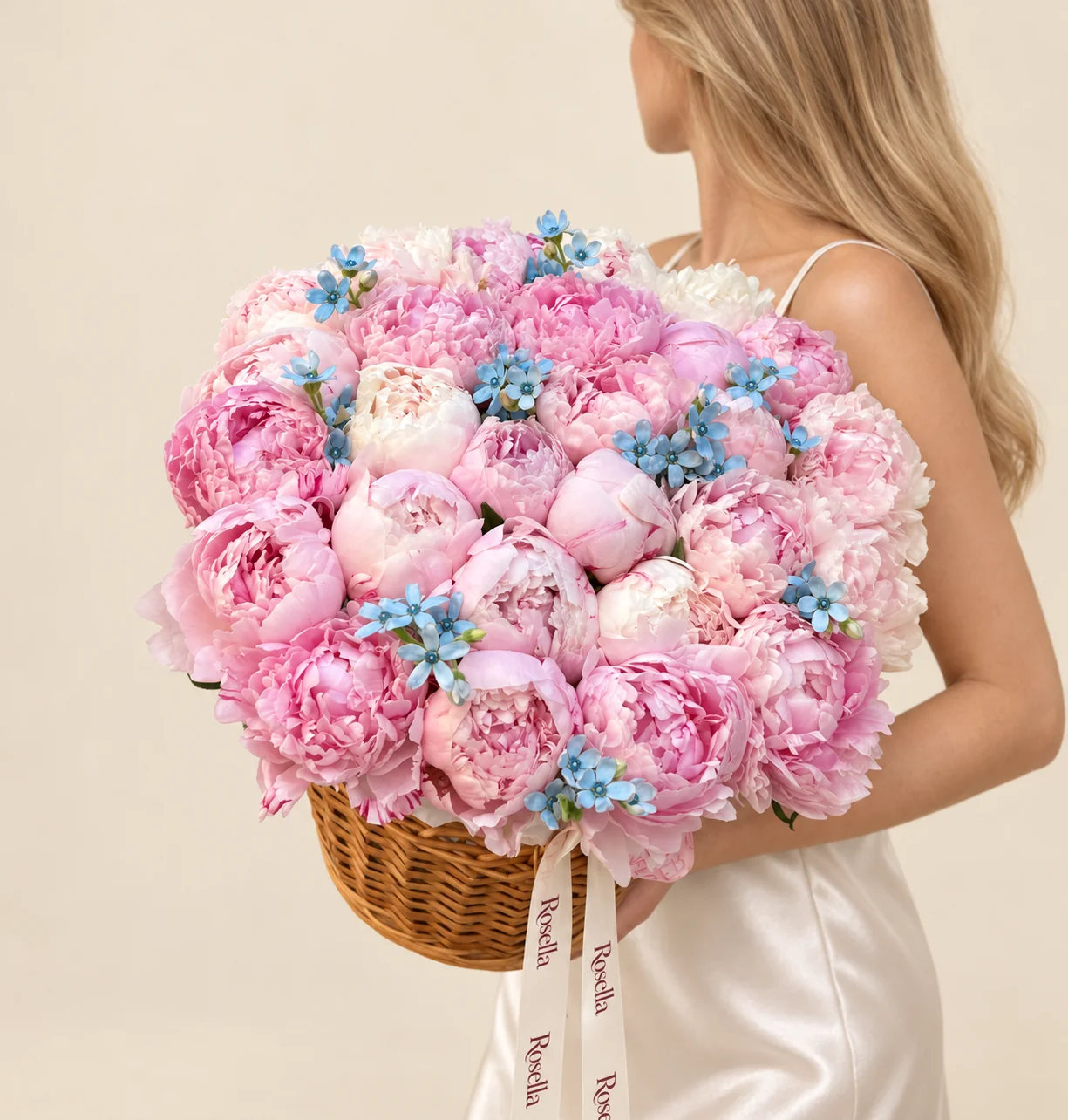 36 pink peonies, 4 ivory peonies & 38 tweedia blooms in a basket