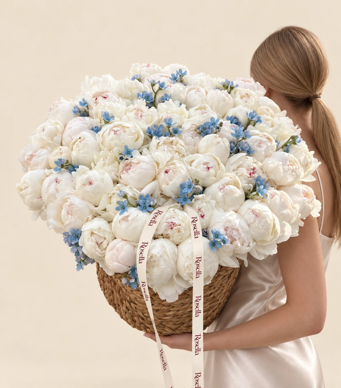 68 peonies & 80 tweedia blooms in a basket