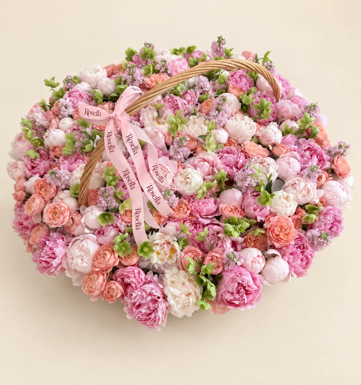 47 pink peonies, 43 ivory peonies, 60 spray roses, 65 green hellebore & 8 stocks in a basket