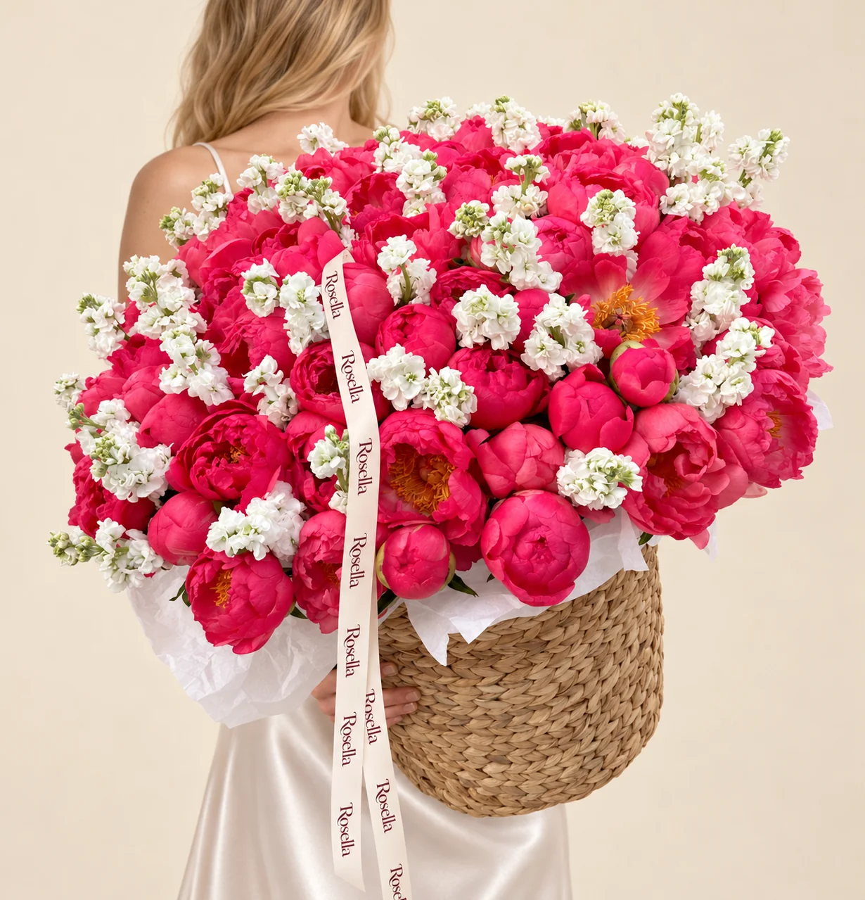 60 peonies & 20 stocks in a basket