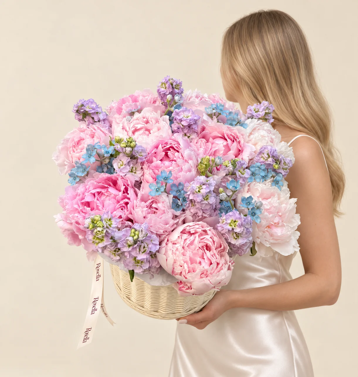 13 pink peonies, 7 stocks, 3 white peonies & 34 tweedia blooms in a basket