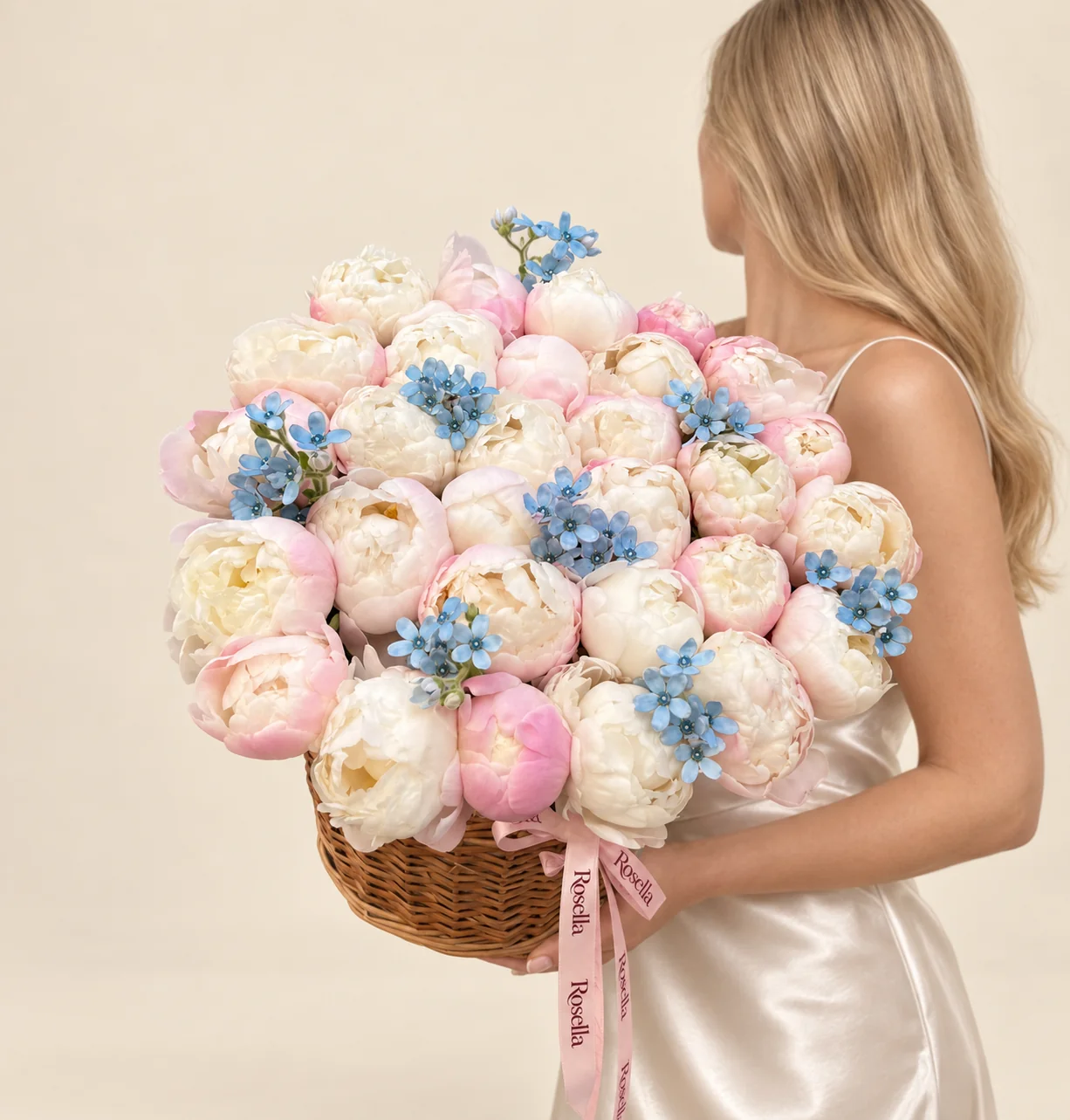 35 peonies & 68 tweedia blooms in a basket