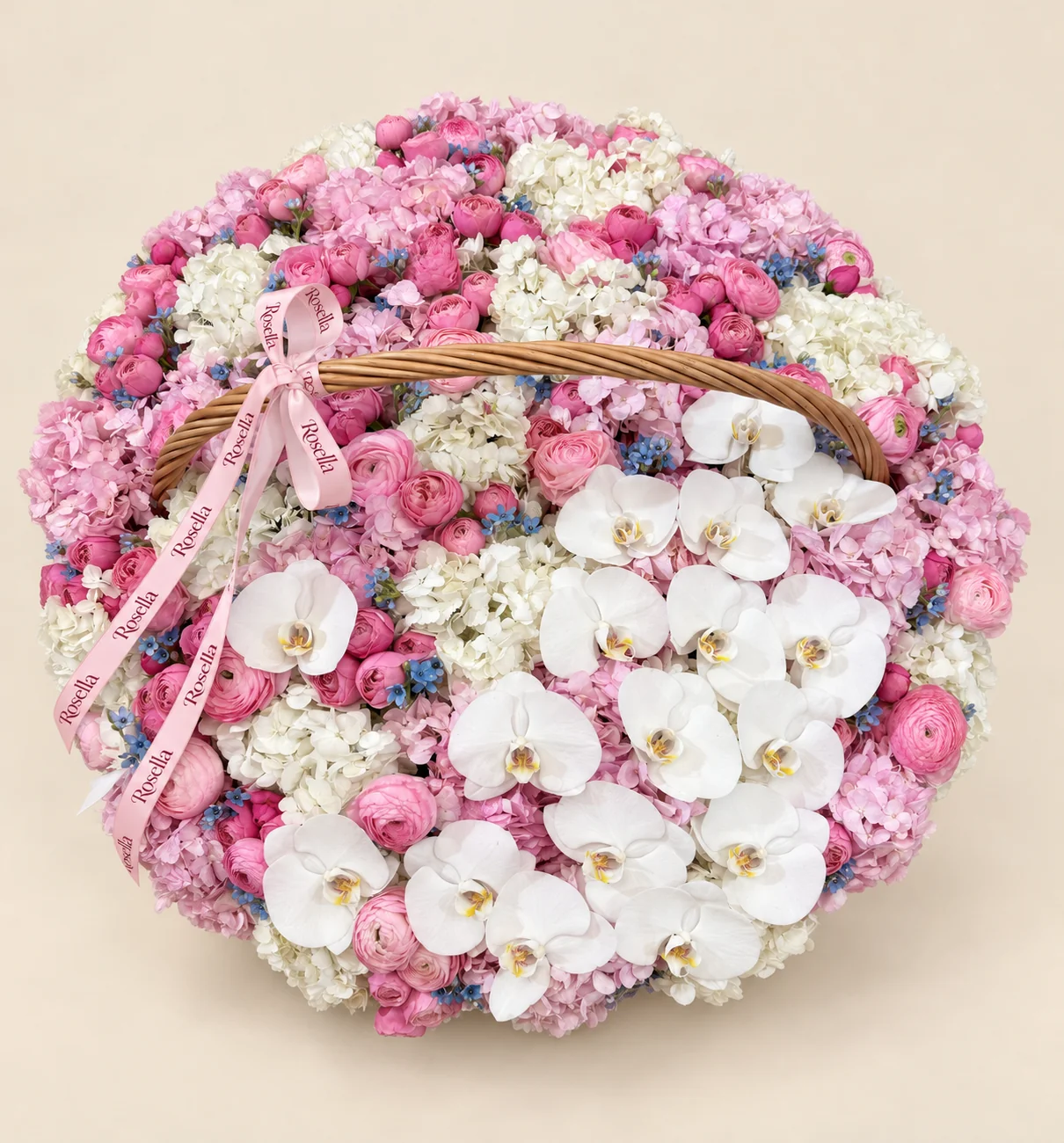 95 ranunculus, 18 white hydrangeas, 17 pink hydrangeas, 125 tweedia blooms & 18 orchid blooms in a basket