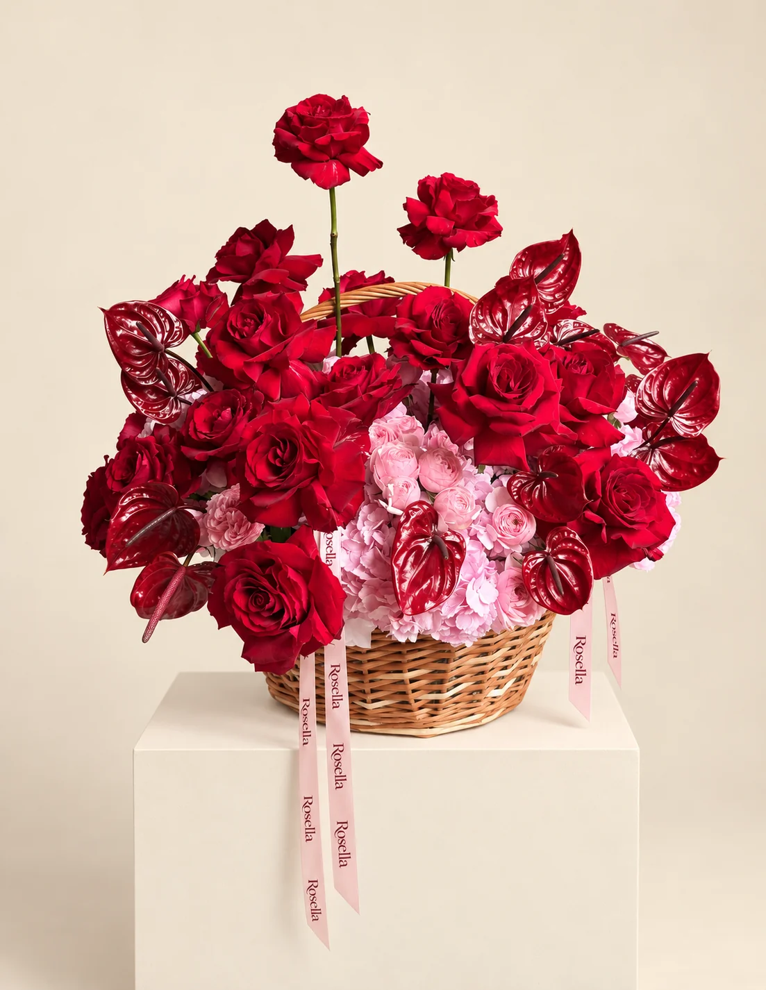 20 roses, 4 hydrangeas, 15 anthuriums & 13 spray roses in a basket