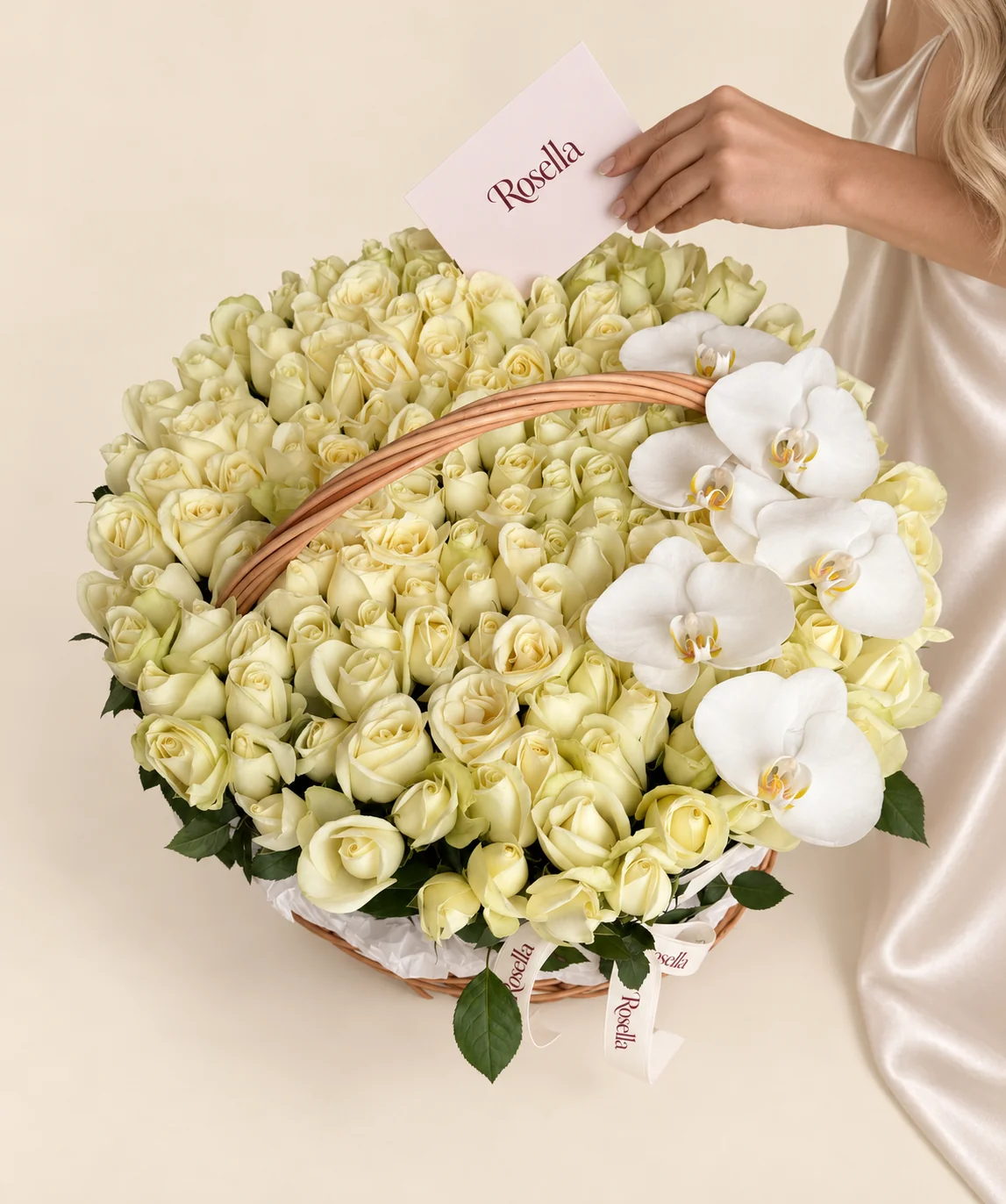 150 roses & 6 orchid blooms in a basket