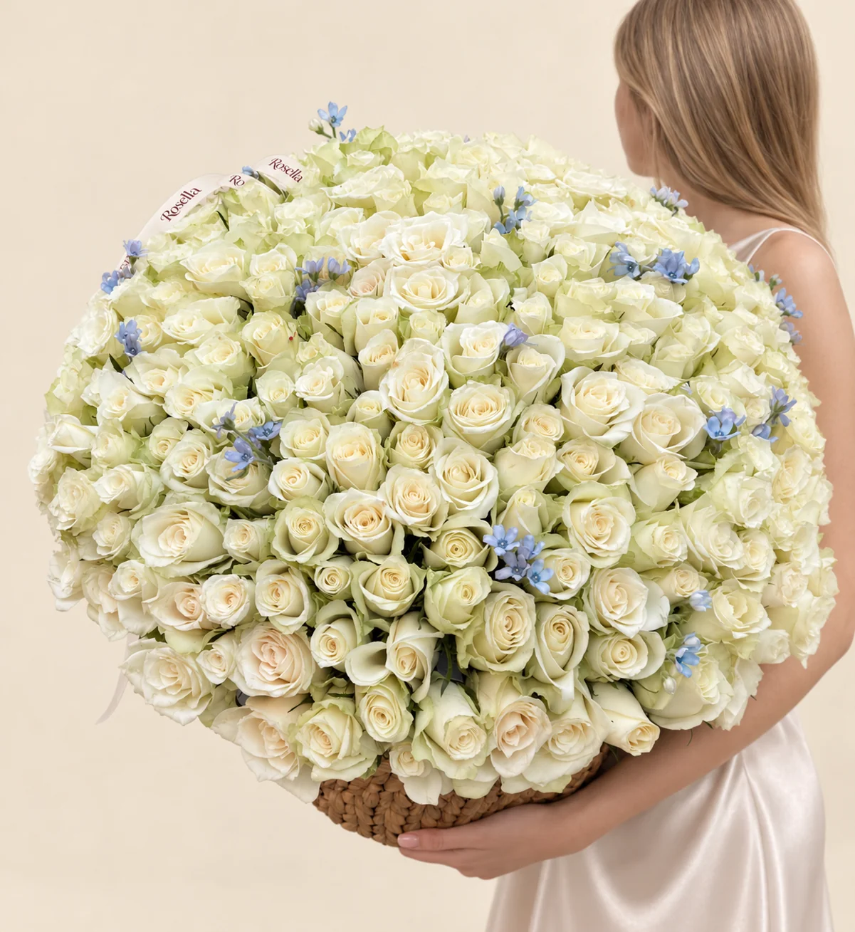 215 roses & 70 tweedia blooms in a basket