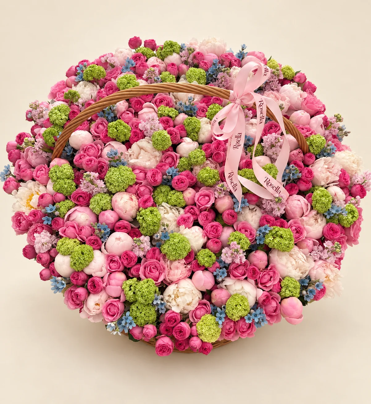 52 lime-green snowball viburnum, 185 spray roses, 40 pink peonies, 27 cream peonies, 220 tweedia blooms & 13 stocks in a basket