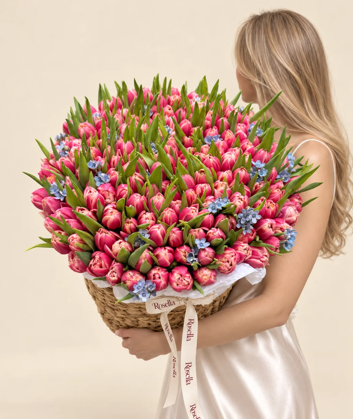 175 tulips & 85 tweedia blooms in a basket