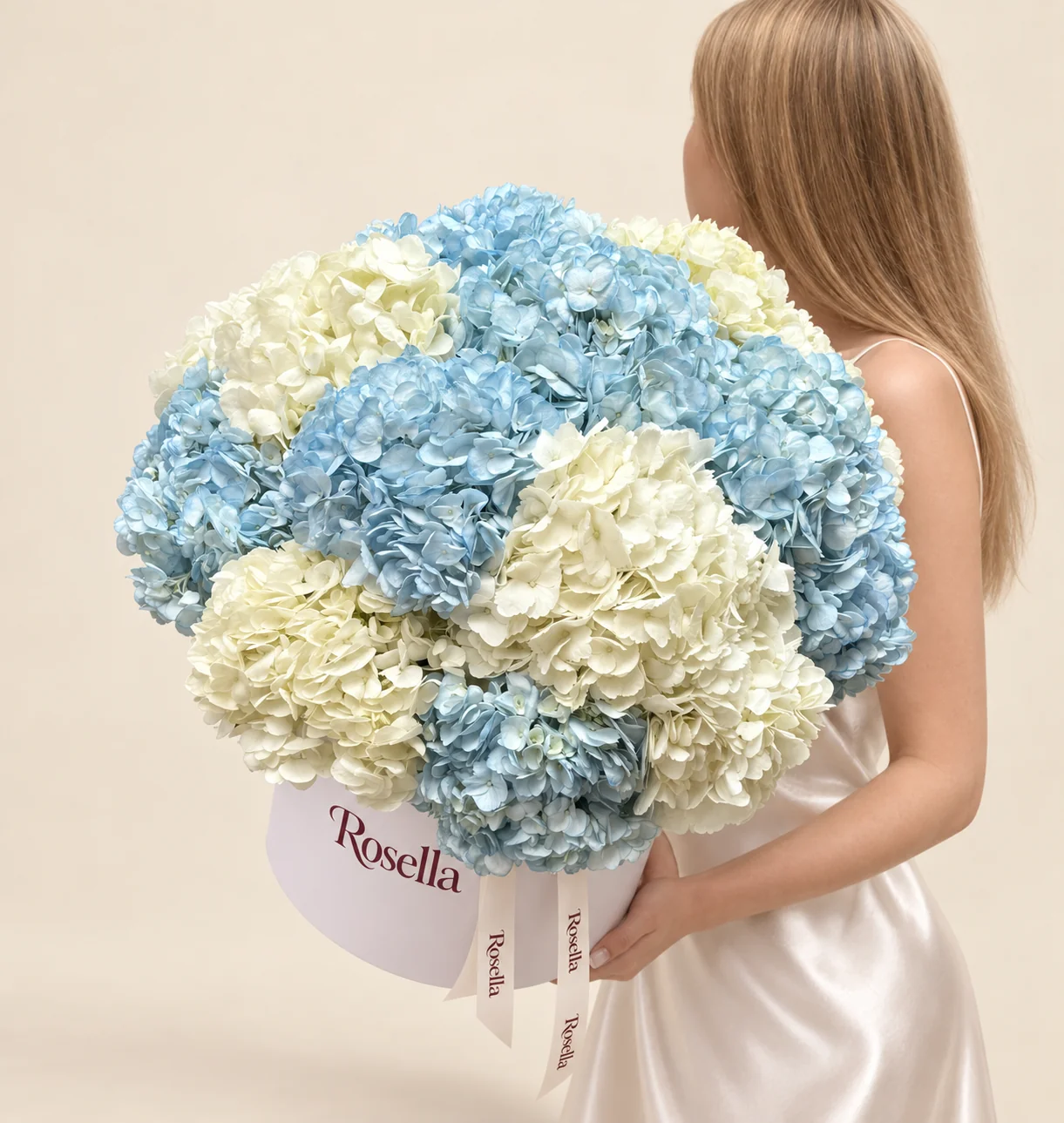 9 blue hydrangeas & 8 white hydrangeas in a round box