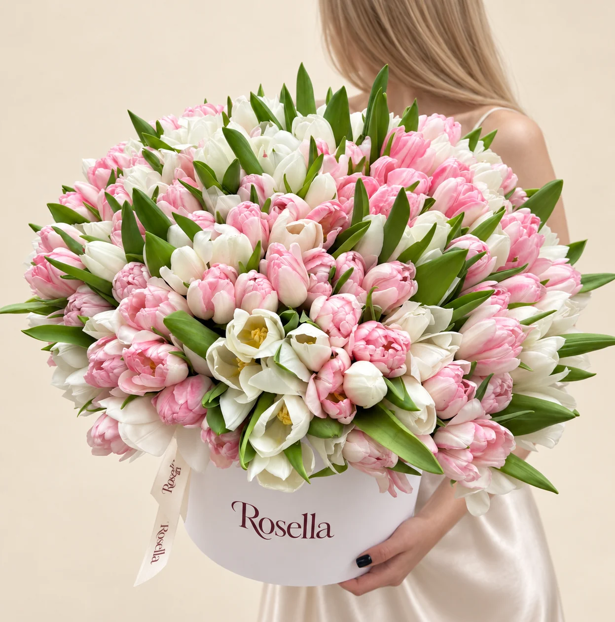 94 pink tulips & 81 white tulips in a round box