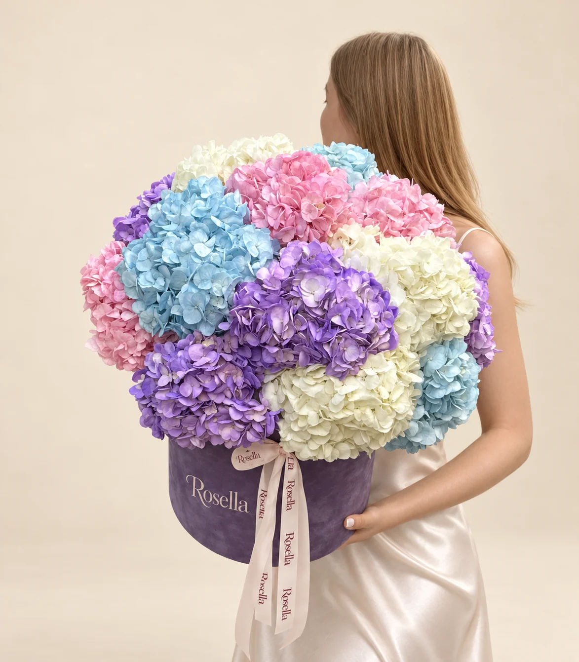 5 blue hydrangeas, 5 purple hydrangeas, 4 pink hydrangeas & 4 ivory hydrangeas in a round box