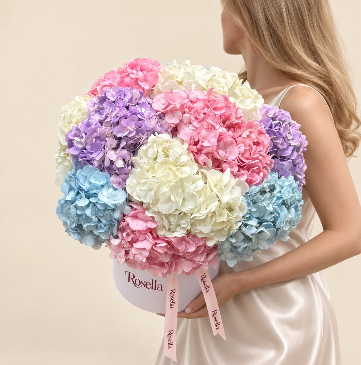 6 pink hydrangeas, 6 white hydrangeas, 4 lavender hydrangeas & 3 blue hydrangeas in a round box