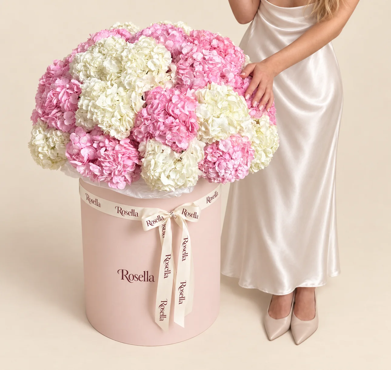 12 pink hydrangeas & 10 white hydrangeas in a round box
