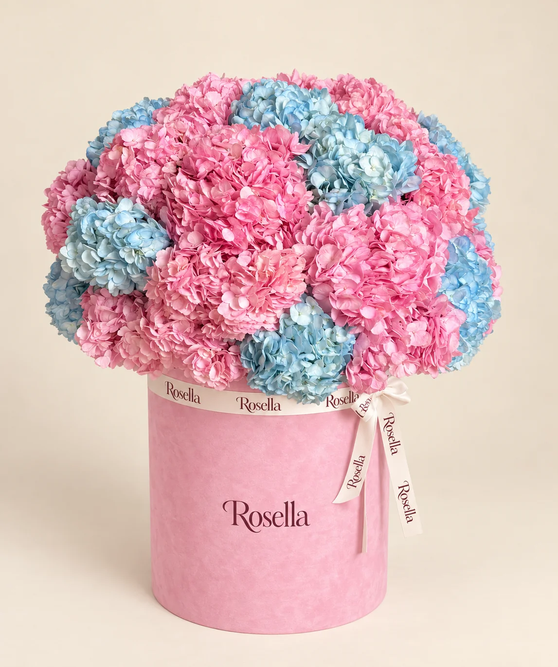 14 pink hydrangeas & 10 blue hydrangeas in a round box