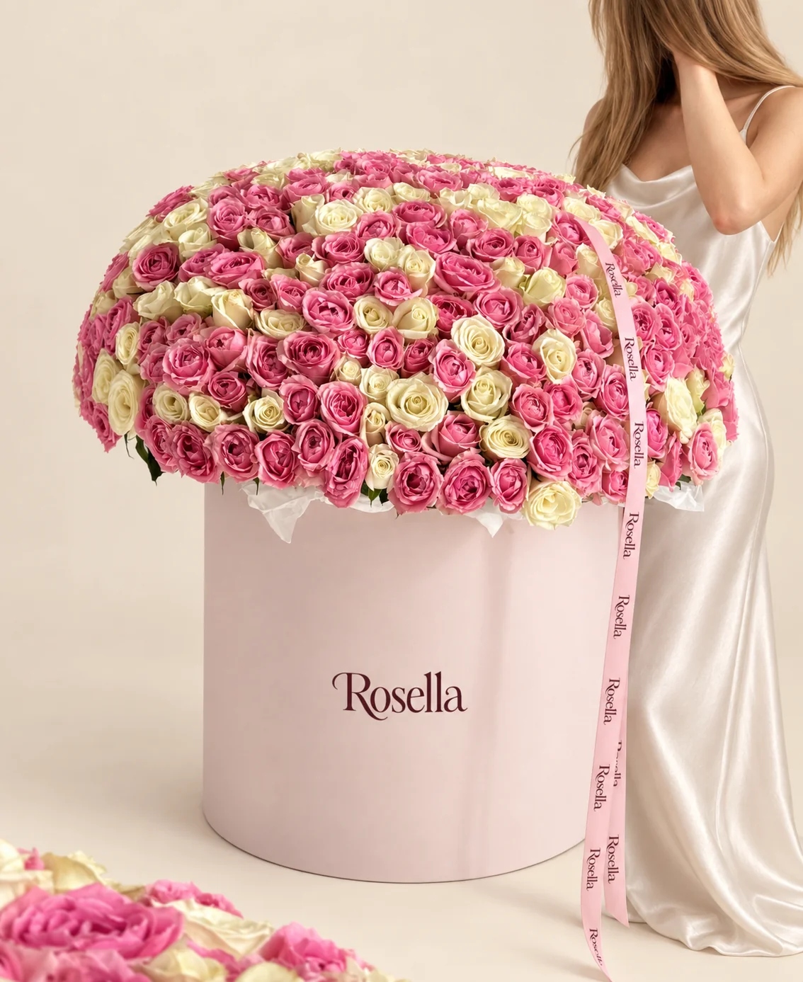 160 pink roses & 96 white roses in a round box