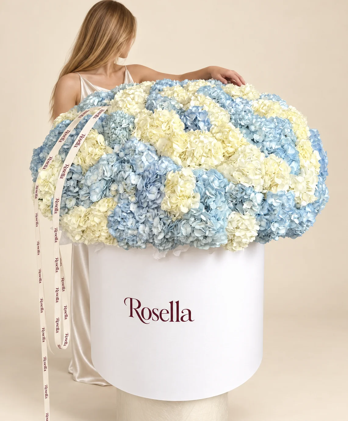 35 blue hydrangeas & 28 ivory hydrangeas in a round box