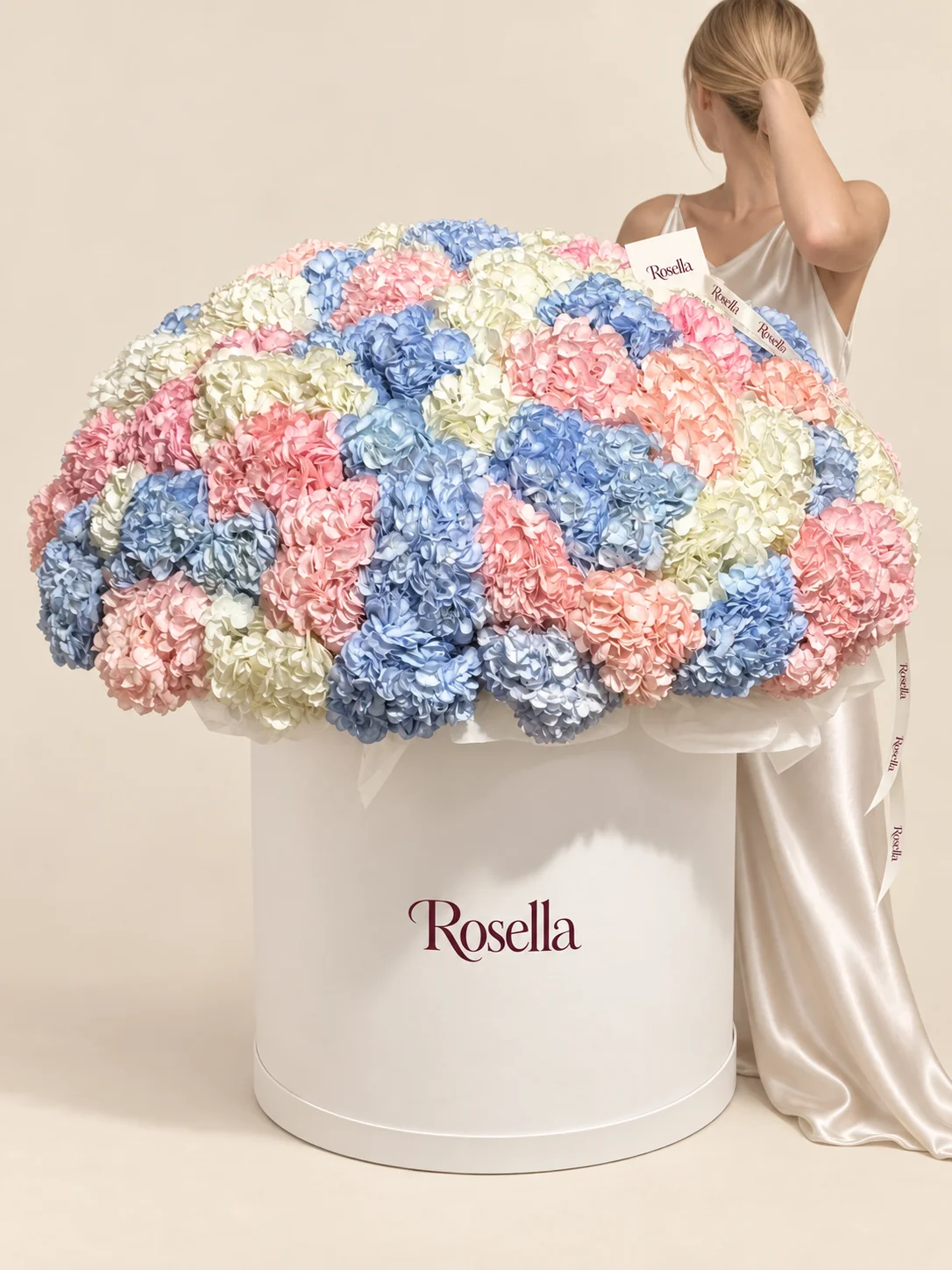 23 blue hydrangeas, 23 pink hydrangeas & 18 cream hydrangeas in a round box